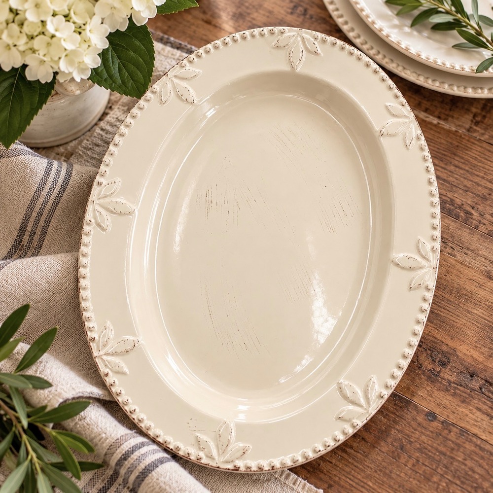 Signature Sorrento 14" Oval Platter Ivory Tuscan Farmhouse Stoneware Serving
